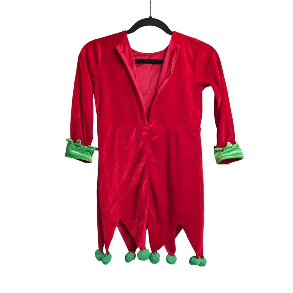 Girls Elf Costume Christmas Tunic Dress Belt Striped Socks Booties Hat 130 6-7